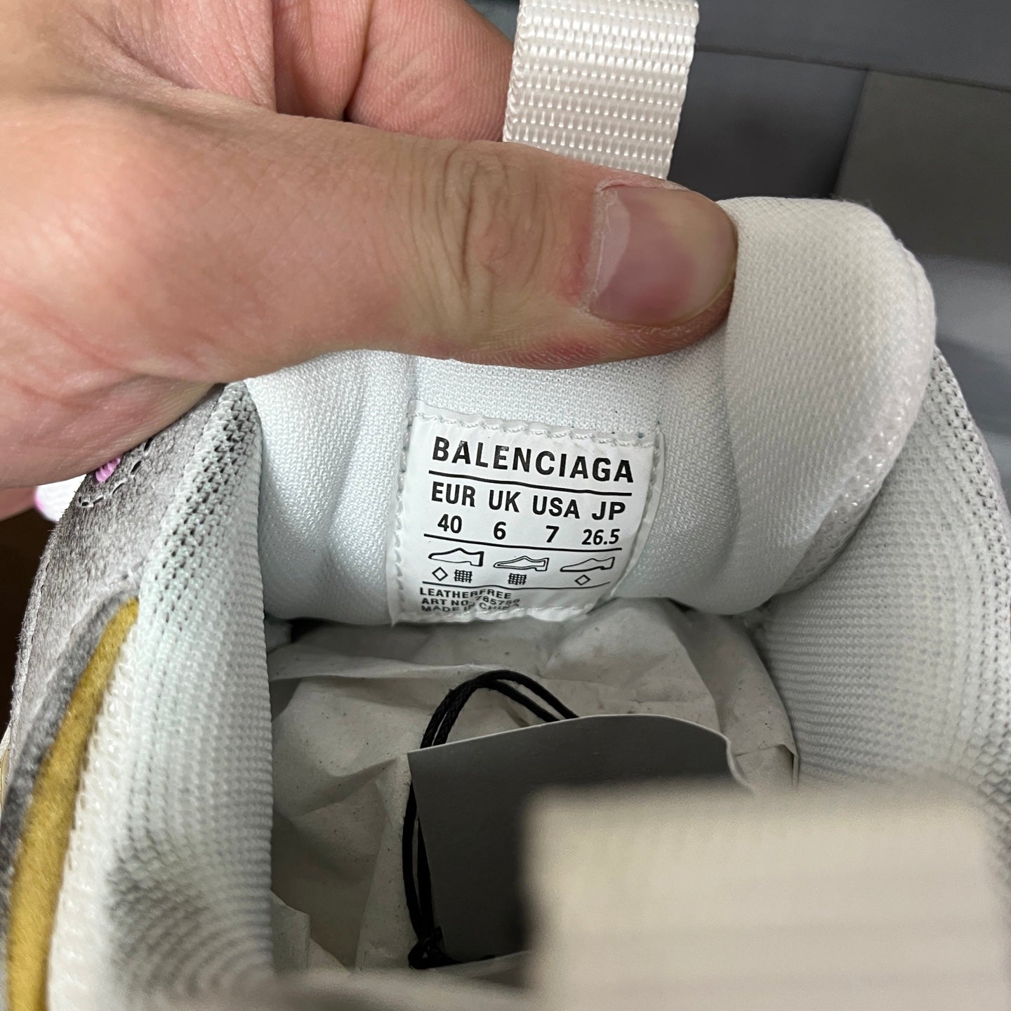 Inside size label for Balenciaga sneaker: EUR UK USA JP 40 / 7 / 6.5