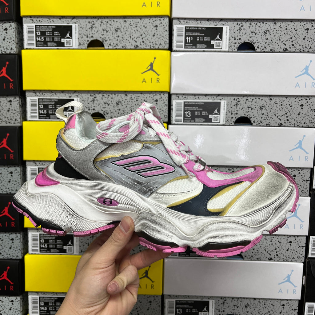 Silver and pink chunky sneaker with lace-up front and mesh panels