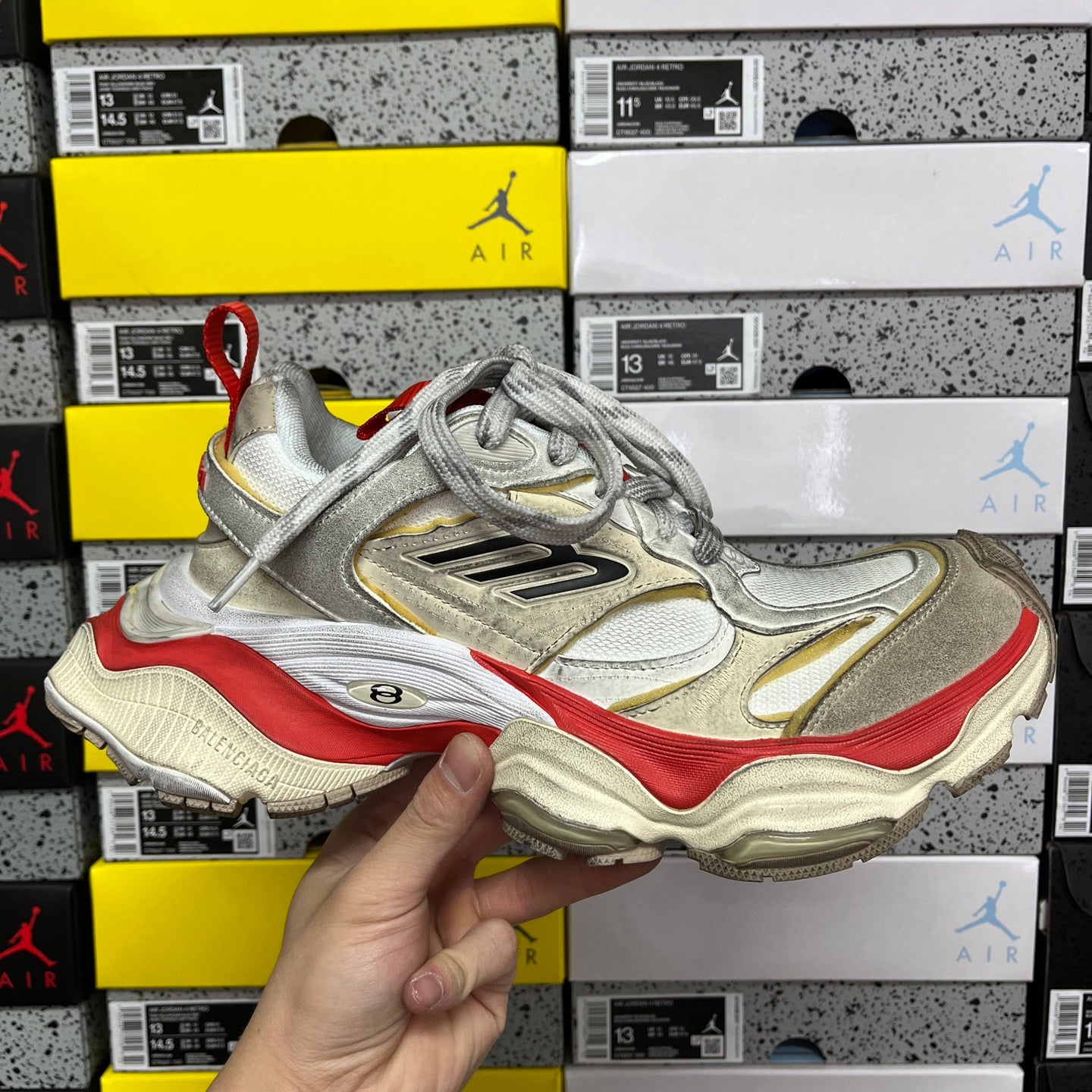 Balenciaga Air sneaker in metallic silver, red and beige, lace-up with chunky sole