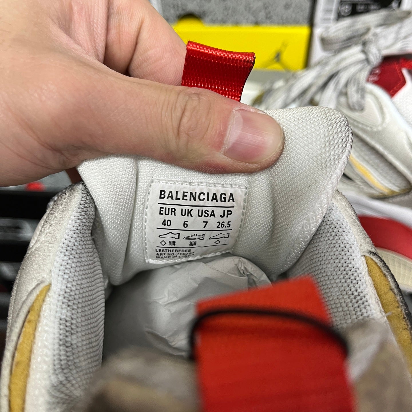 Balenciaga Air sneaker size label inside collar, red BALENCIAGA strap tab