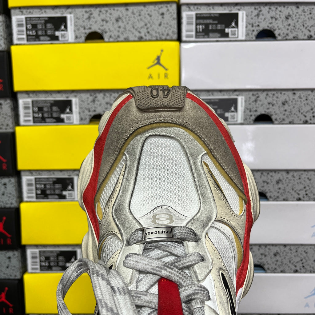 Balenciaga Air sneaker tongue and laces, metallic silver with red edge accents