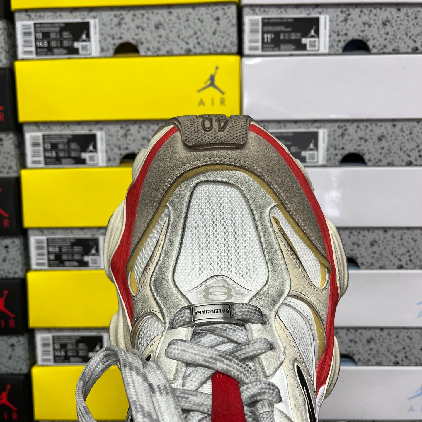 Balenciaga Air sneaker tongue and laces, metallic silver with red edge accents