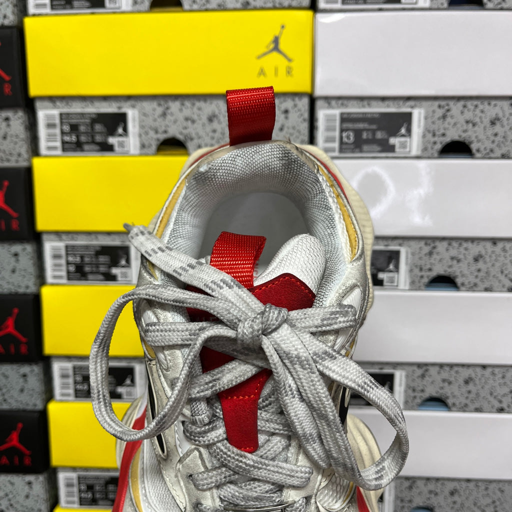 Balenciaga Air sneaker collar and laces, silver fabric with red pull-tab