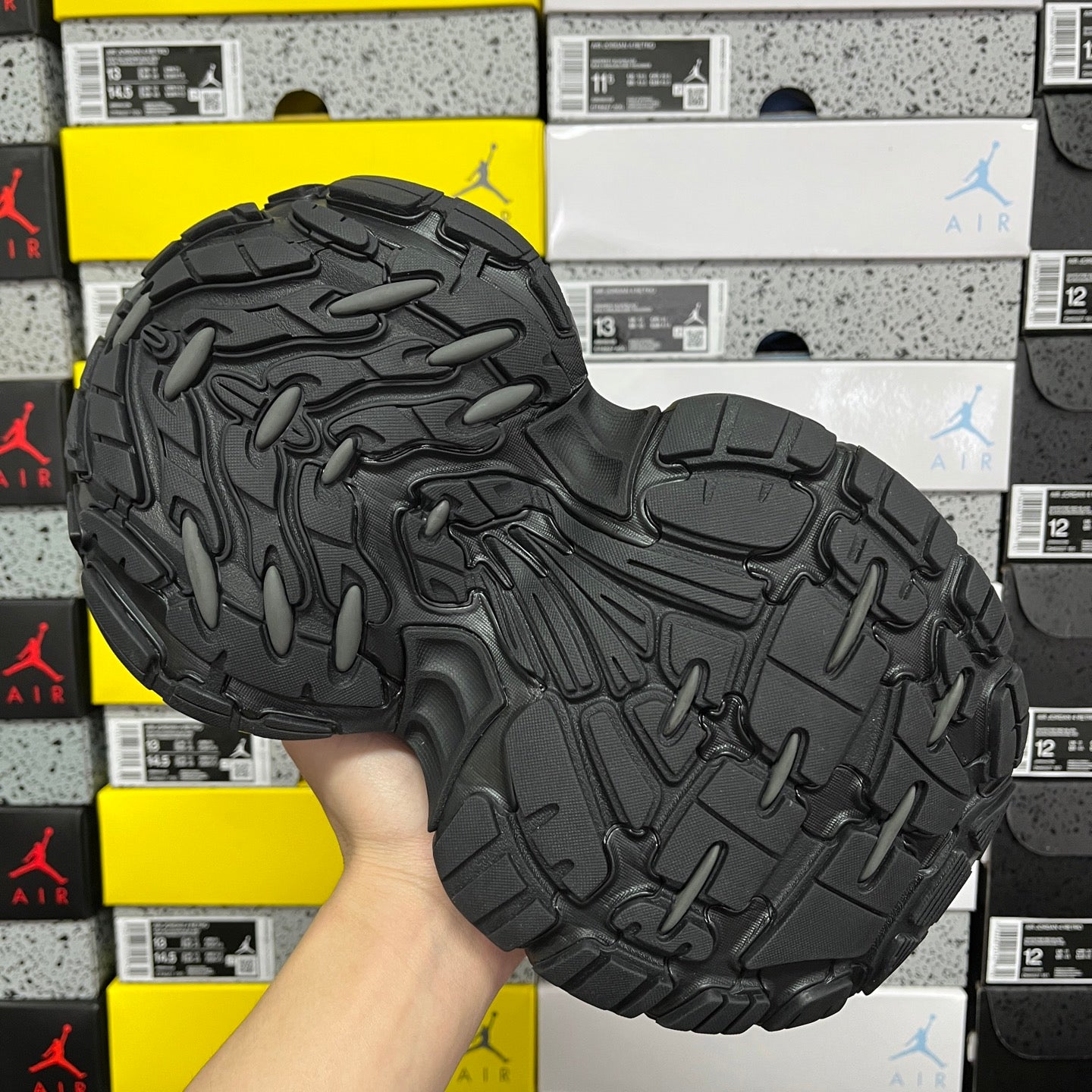 Black Balenciaga unisex sneaker outsole, full tread pattern view