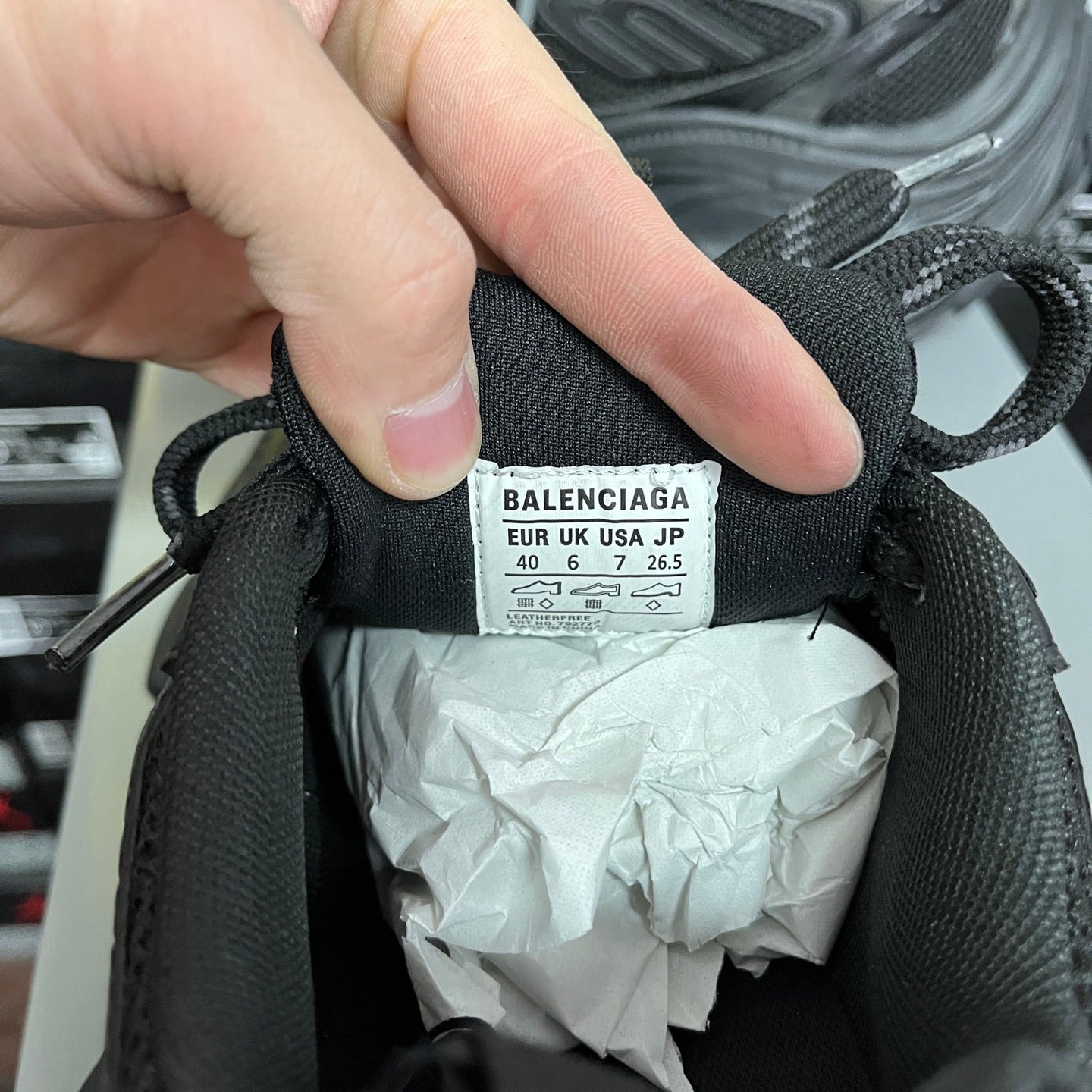 Balenciaga size label on black sneaker tongue: EUR UK US JP 40 6 7 26.5