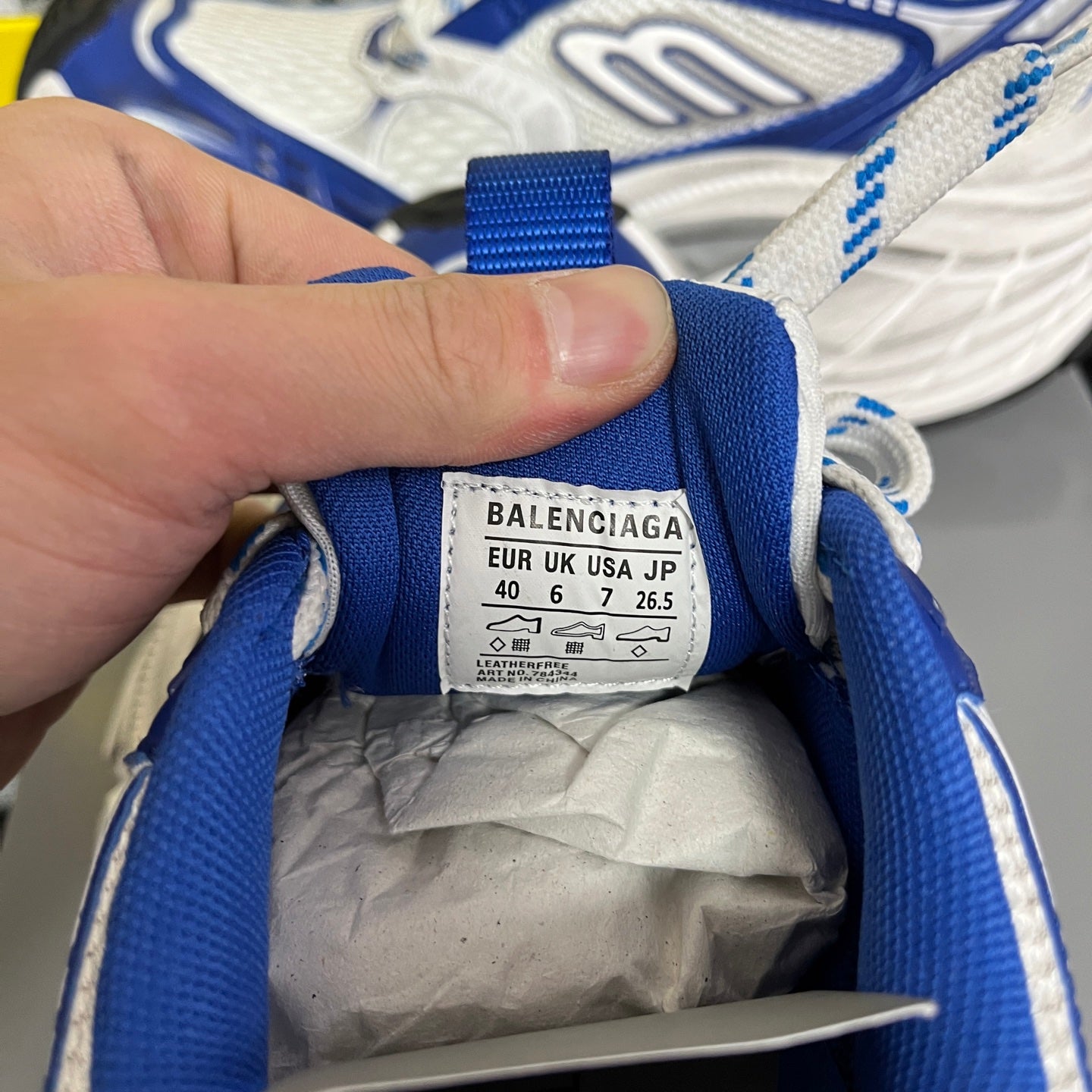 Balenciaga unisex sneakers size label inside on blue tongue