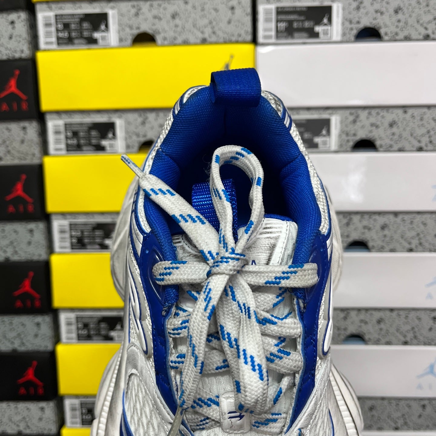 Balenciaga unisex sneakers tongue and lace area in blue and white mesh