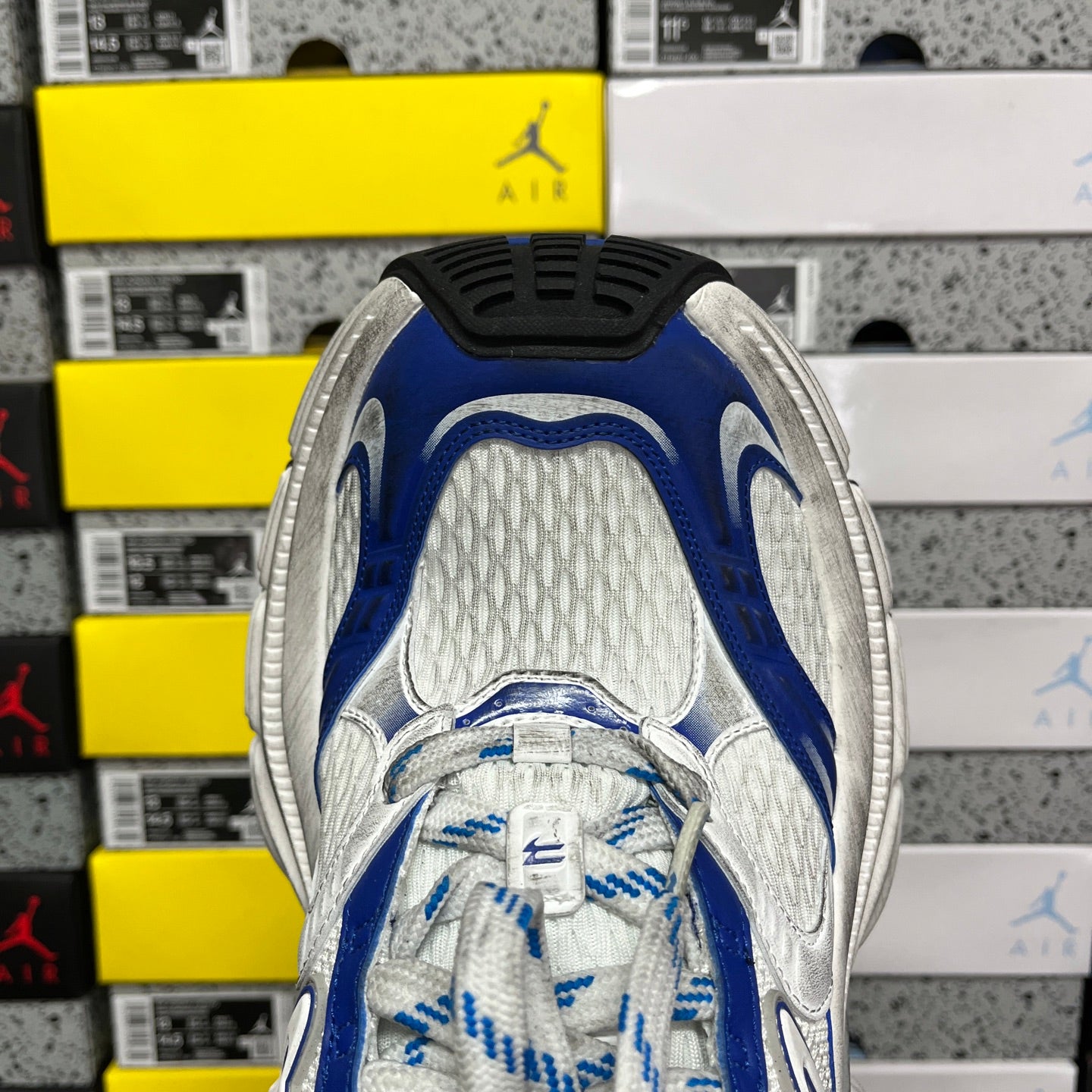 Balenciaga unisex sneakers, blue collar and white mesh upper with lace-up closure