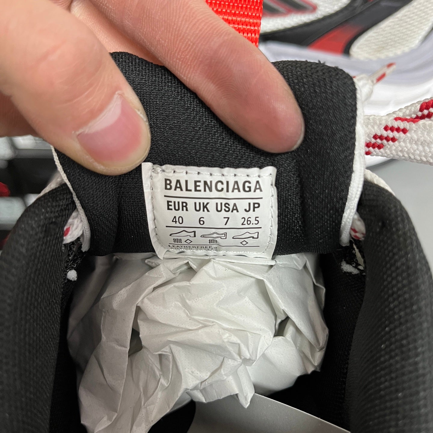 Balenciaga size label inside sneaker collar: EUR 40, UK 6, US 7, JP 26.5