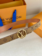 Louis Vuitton monogram belt showing gold buckle and side profile of brown strap