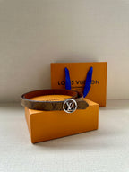 Louis Vuitton monogram belt with gold-tone round buckle on brown strap