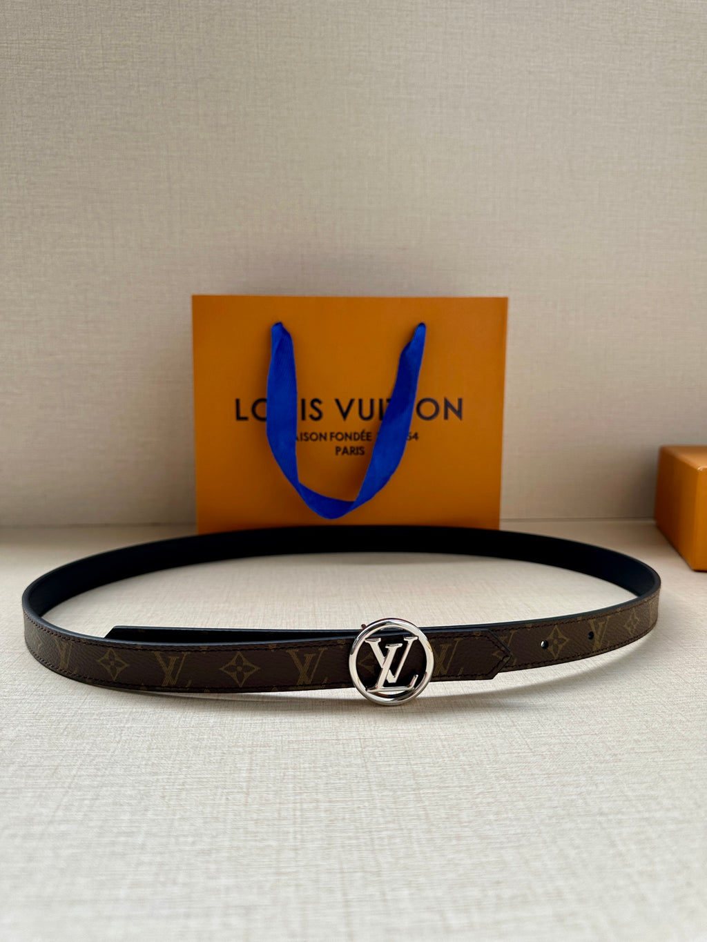 Louis Vuitton belt with dark monogram strap and round silver-tone logo buckle