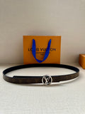 Louis Vuitton belt with dark monogram strap and round silver-tone logo buckle