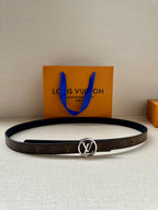Louis Vuitton belt with dark monogram strap and round silver-tone logo buckle