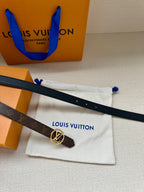 Monogram belt with round gold-tone LV buckle on orange box and white pouch