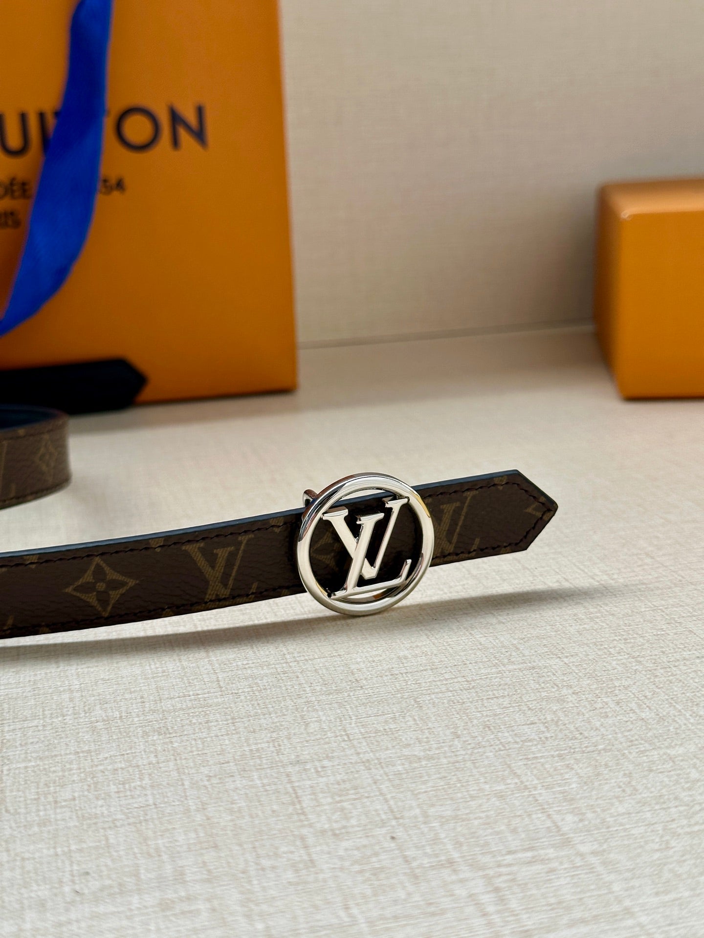 Dark monogram belt laying flat with round silver-tone LV logo buckle