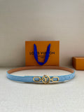 Louis Vuitton belt in light blue leather with gold LV buckle and loop.
