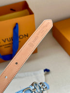 Tan leather belt strap with embossed Louis Vuitton text and silver-toned hardware.