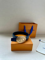Louis Vuitton dark blue leather belt with gold oval logo buckle