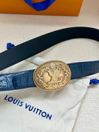 Louis Vuitton dark blue leather belt with gold oval logo buckle across strap