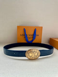 Louis Vuitton leather belt in dark blue with gold oval LV logo buckle