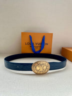 Louis Vuitton leather belt in dark blue with gold oval LV logo buckle