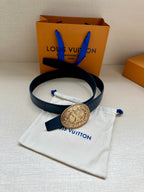 Louis Vuitton dark blue leather belt with gold oval logo buckle, folded