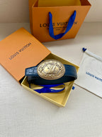 Louis Vuitton dark blue leather belt with gold oval LV logo buckle