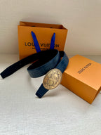 Louis Vuitton dark blue leather belt with gold oval logo buckle and end strap