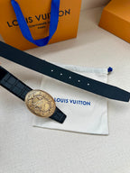 Louis Vuitton belt with dark blue leather strap and round gold-tone logo buckle detail