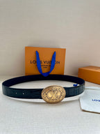 Louis Vuitton belt in dark blue leather with embossed texture and large gold-tone logo buckle