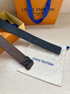 Louis Vuitton belt laid flat: dark brown strap with metal buckle and logo studs