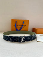 Louis Vuitton monogram belt with dark canvas and gold-tone buckle, olive underside