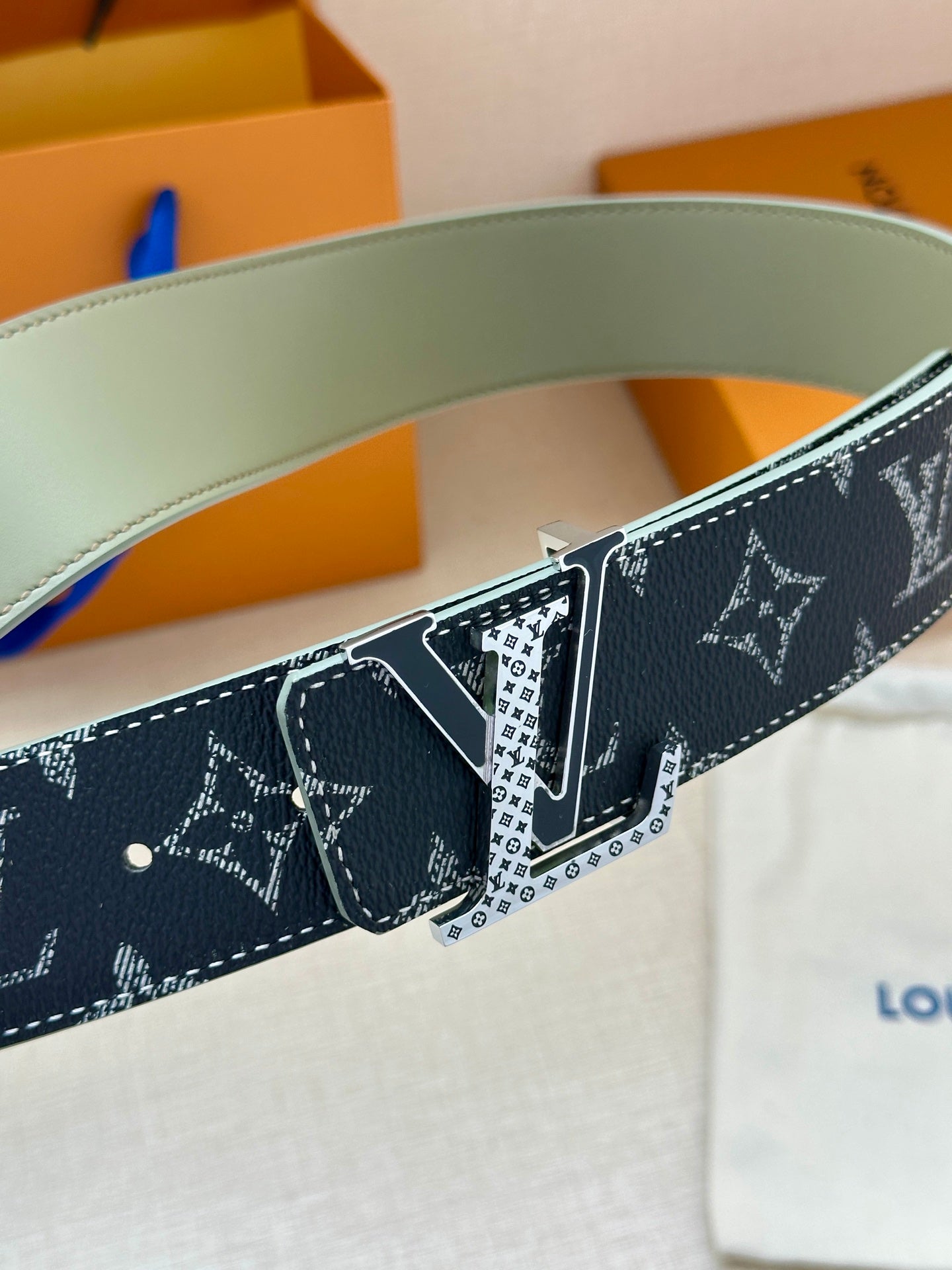 Monogram belt detail with silver buckle plate and gold-tone hardware, dark canvas