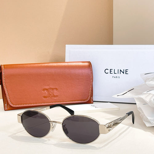 Sunglasses with silver-tone frames and dark round lenses, with logo temple detailing