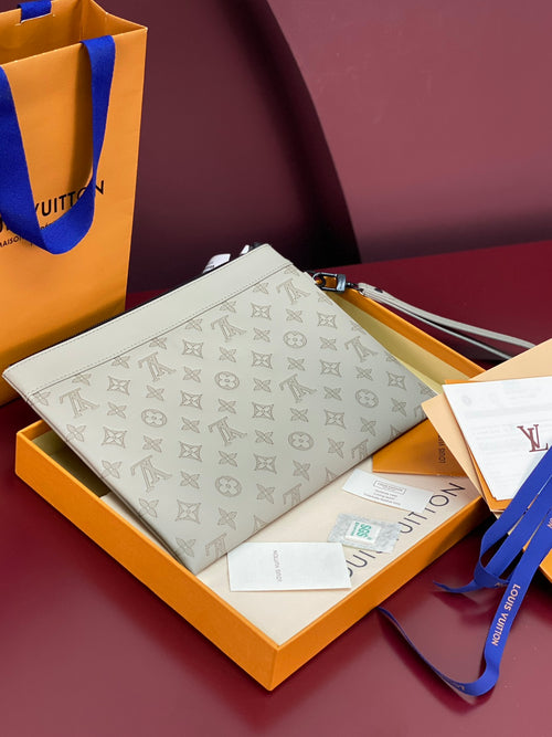 Louis Vuitton small pouch bag in light blue monogram canvas, flat top view