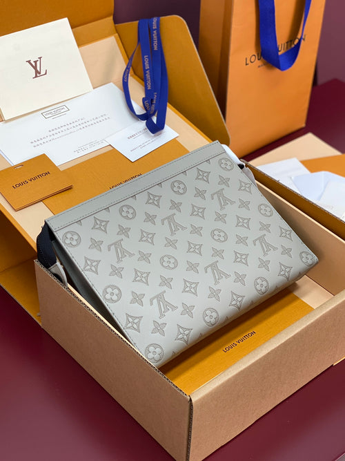 Men's small Louis Vuitton bag, gray monogram canvas with top handle and dark trim