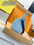 Light-blue Louis Vuitton monogram duffel bag with zipper top and side strap