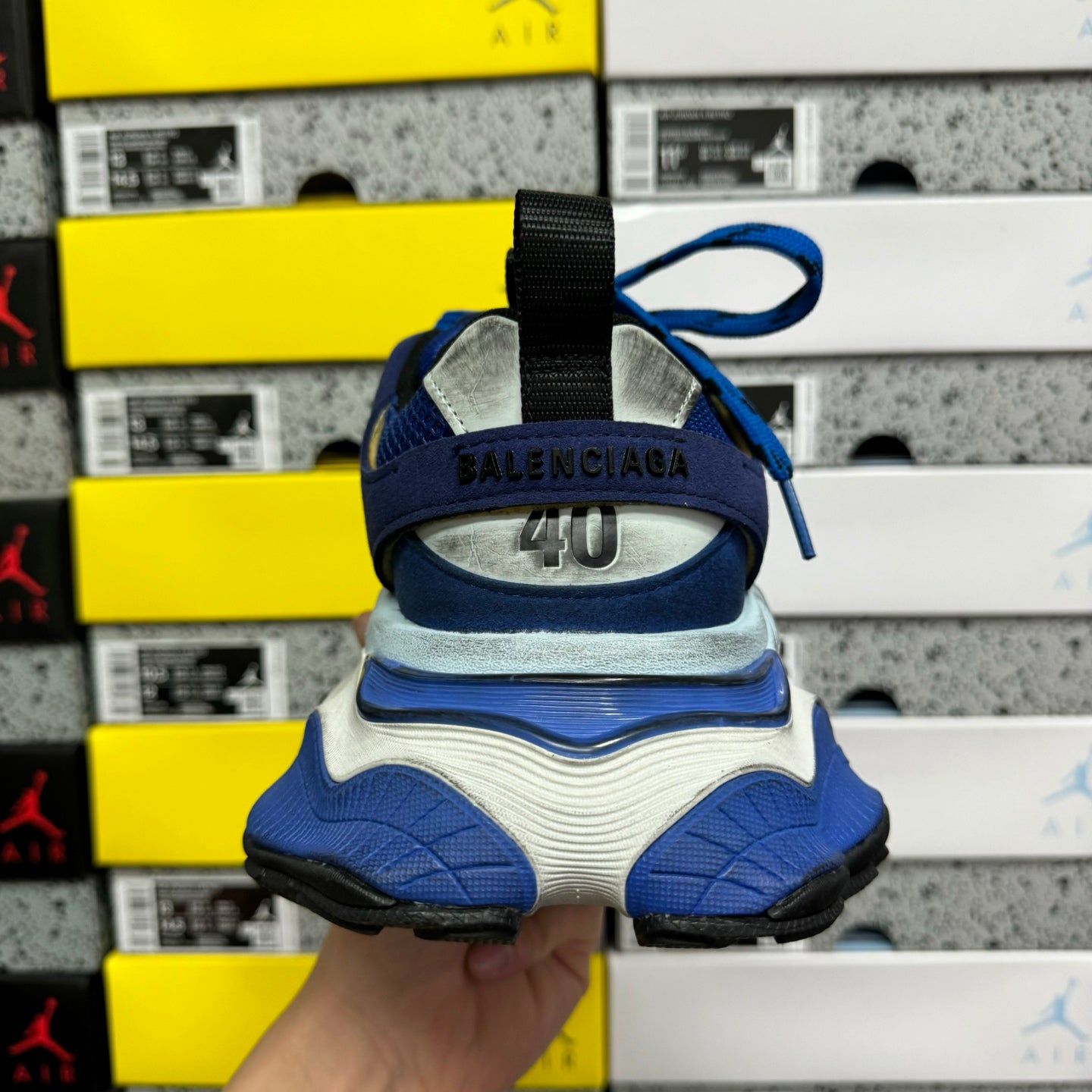 Balenciaga sneakers heel back, BALENCIAGA strap detail on white-and-blue sole