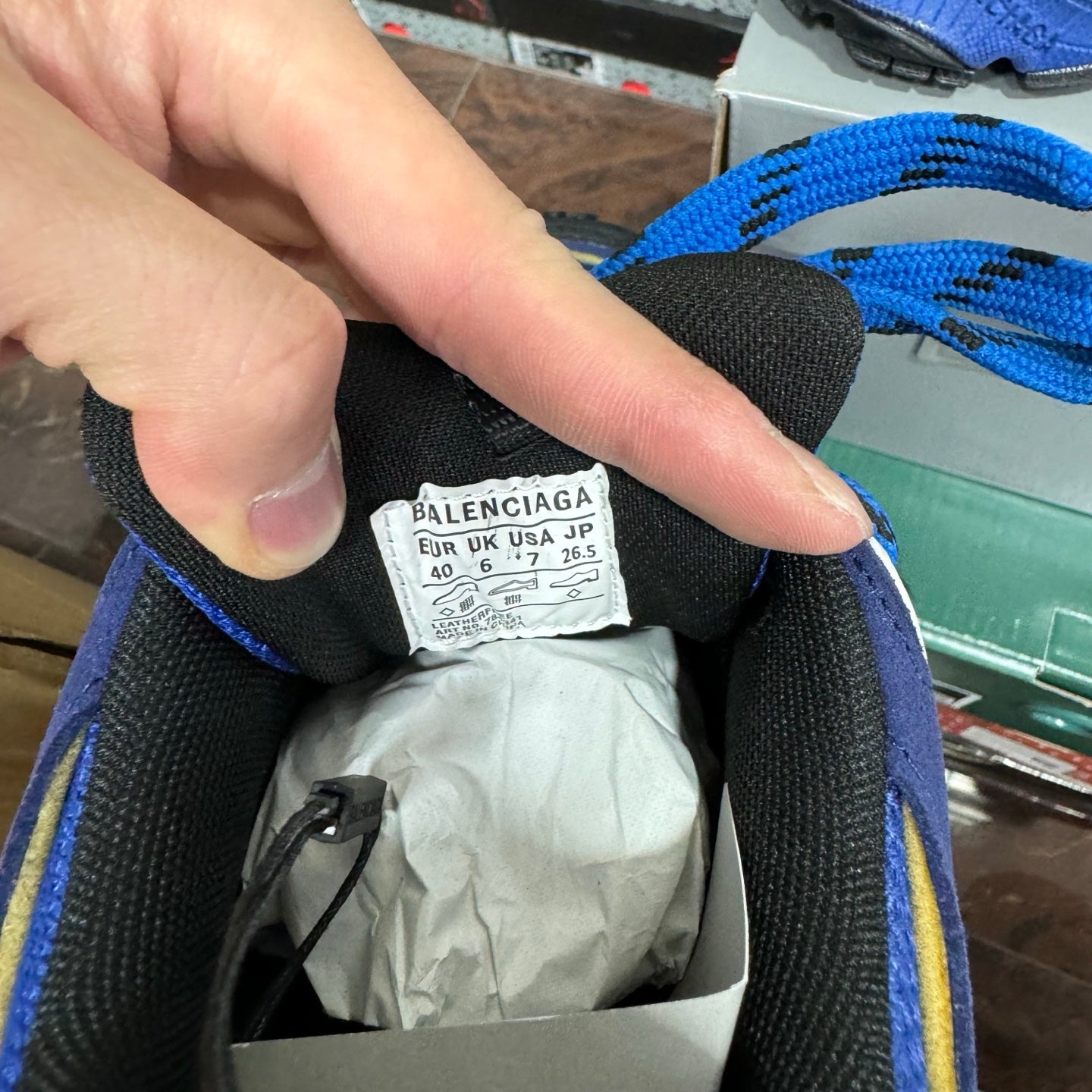 Balenciaga shoe size label inside collar, blue upper with printed size text