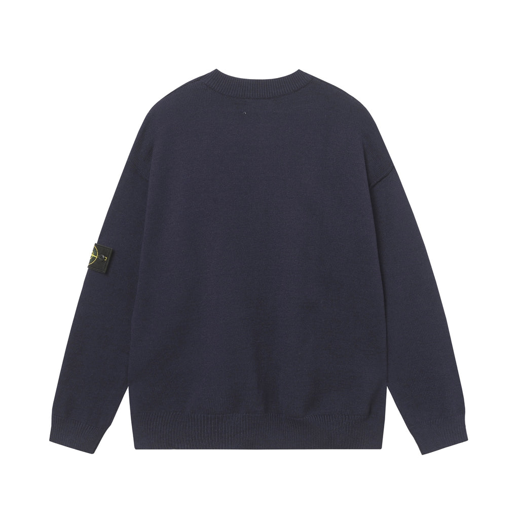 Crewneck knit sweater in dark navy, back view, ribbed hem and long sleeves.