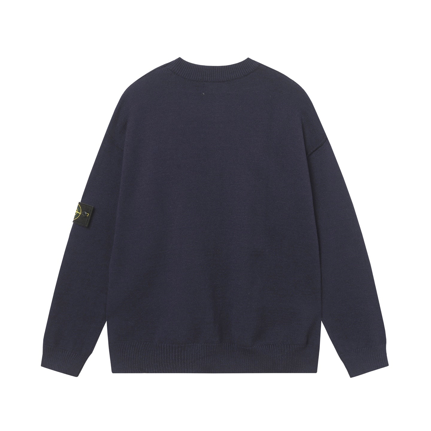 Crewneck knit sweater in dark navy, back view, ribbed hem and long sleeves.