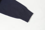 Dark navy knit sweater sleeve cuff with ribbed trim.