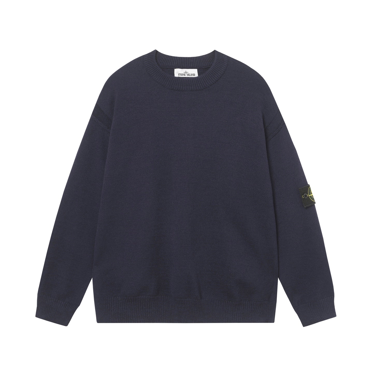 Crewneck knit sweater in dark navy with long sleeves and ribbed hem and cuffs.