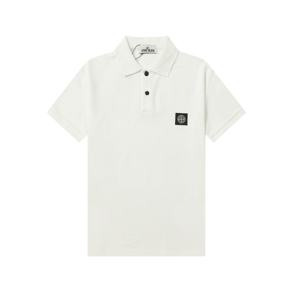Stone Island white polo shirt, button placket and short sleeves