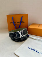 Navy Louis Vuitton monogram belt with silver-tone buckle and green inner lining