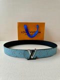 Louis Vuitton belt in blue monogram canvas with silver-tone buckle, flat