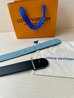 Louis Vuitton blue monogram belt with silver square buckle and keeper, flat lay