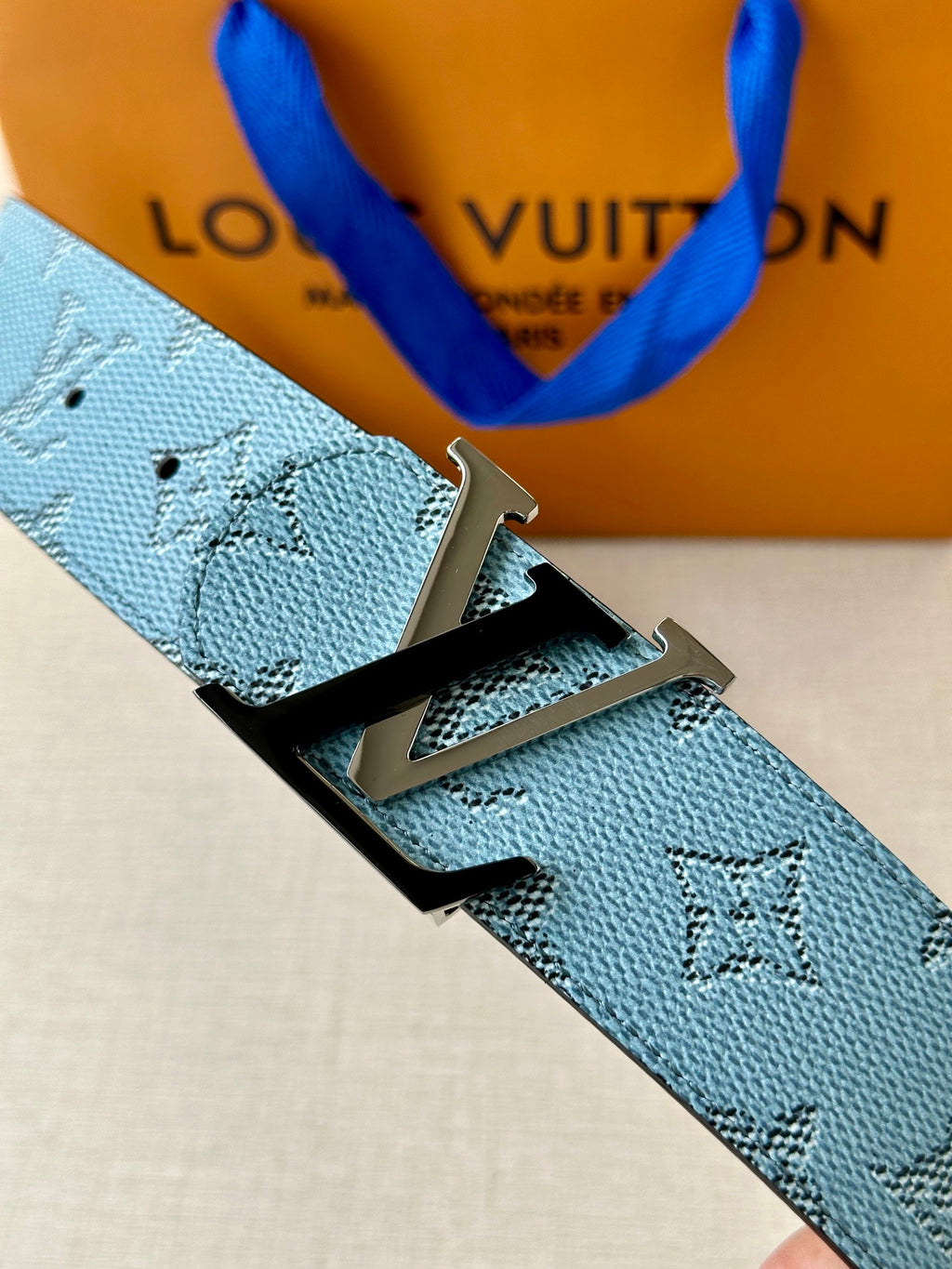 Louis Vuitton belt strap in blue monogram canvas with silver buckle detail, prong