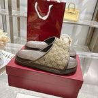 Gucci GG slide sandals, tan monogram straps with dark footbed